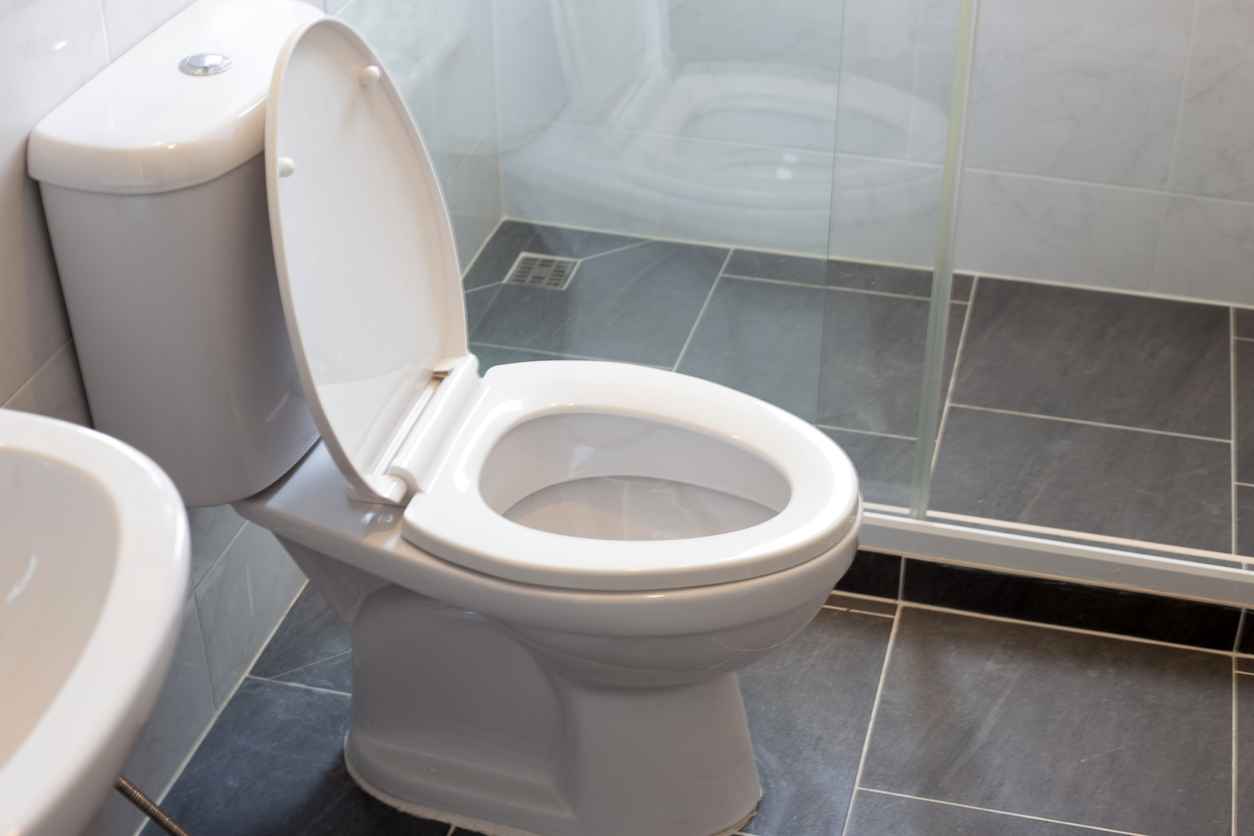 White toilet bowl on floor